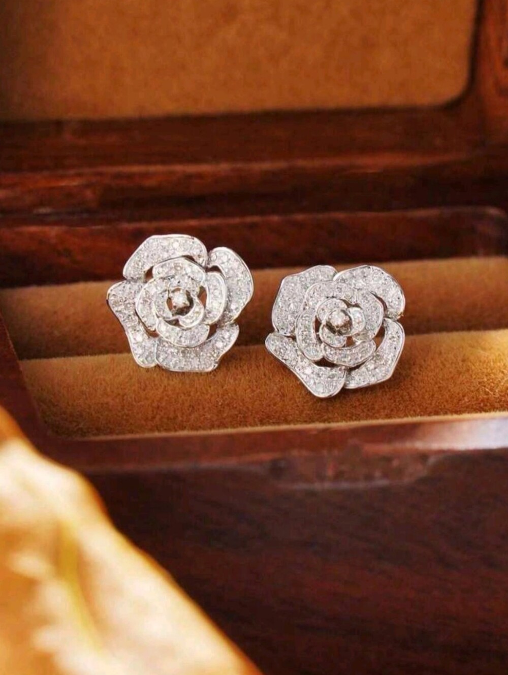 White Rhodium Swarovski Camellia Earrings . Sparkling Swarovski crystal pavé add